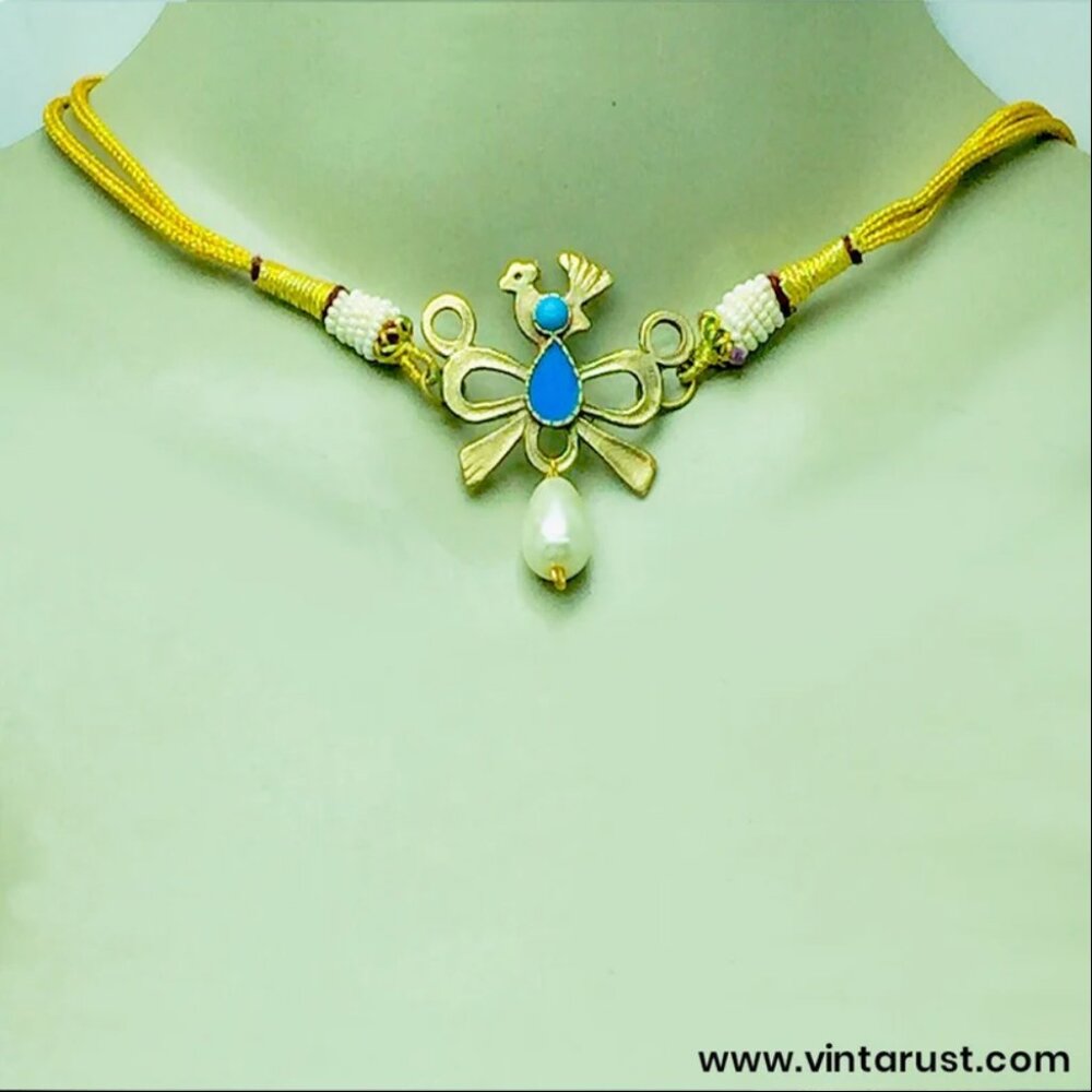 Handmade Afghani Choker Jewelry Set: Turquoise, Pearl, and Bird